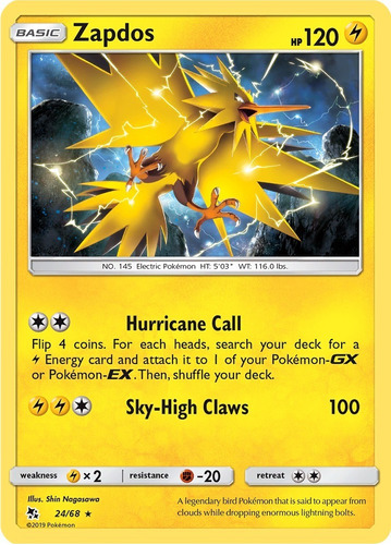 Cartas Pokemon Zapdos 24/68 Holo S&m Hidden Fates Hif