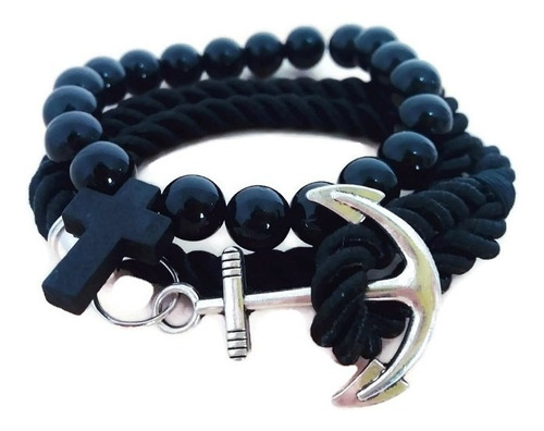 Pulsera Hombre Ancla Brazalete Negra Nautica 