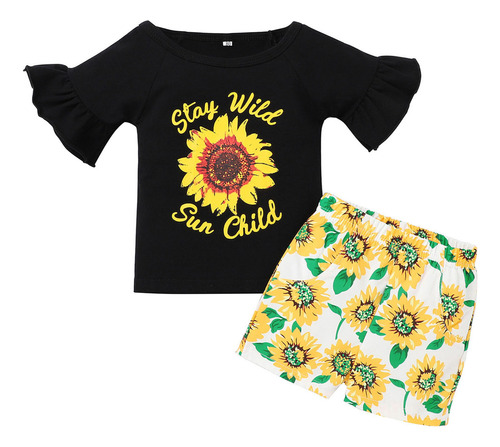 Conjunto De Blusas Con Letras Y Pantalones Cortos De Girasol