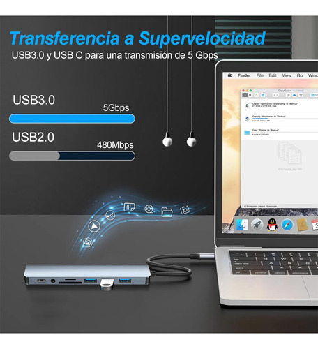 Adaptador Usb C Hub Tipo C, 8 En 1, Multipuerto, Usb 3.0, Sd