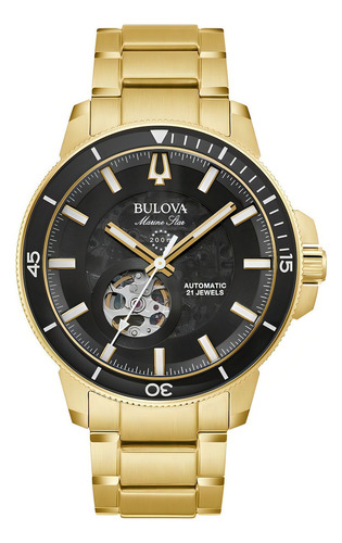 Reloj Marca Bulova Marine Star Modelo: 97a174 Color de la correa Dorado Color del bisel Negro Color del fondo Negro