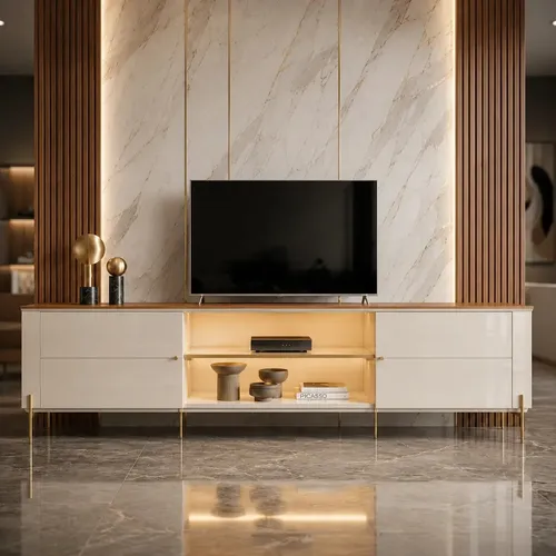 Rack Bancada Suporta Tv Até 75 Com Led 180 Design Moderno Sofisticado Brasília ​791 Mobler Off White Canela Sala Moderna
