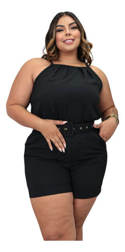 Conjunto Plus Size Short E Regata Linho Midi Size Com Cinto 