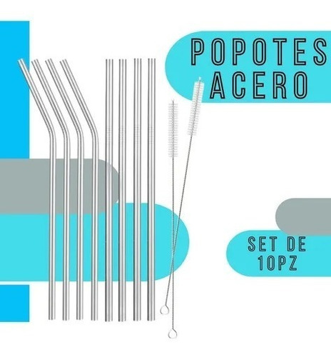 Popotes Metalicos Con Funda Kit 8 Piezas + 2 Cepillos Color Plata