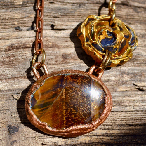 Imagen 2 de 8 de Collar Piedra Natural Ojo De Tigre, Flores Y Cobre, Cod1