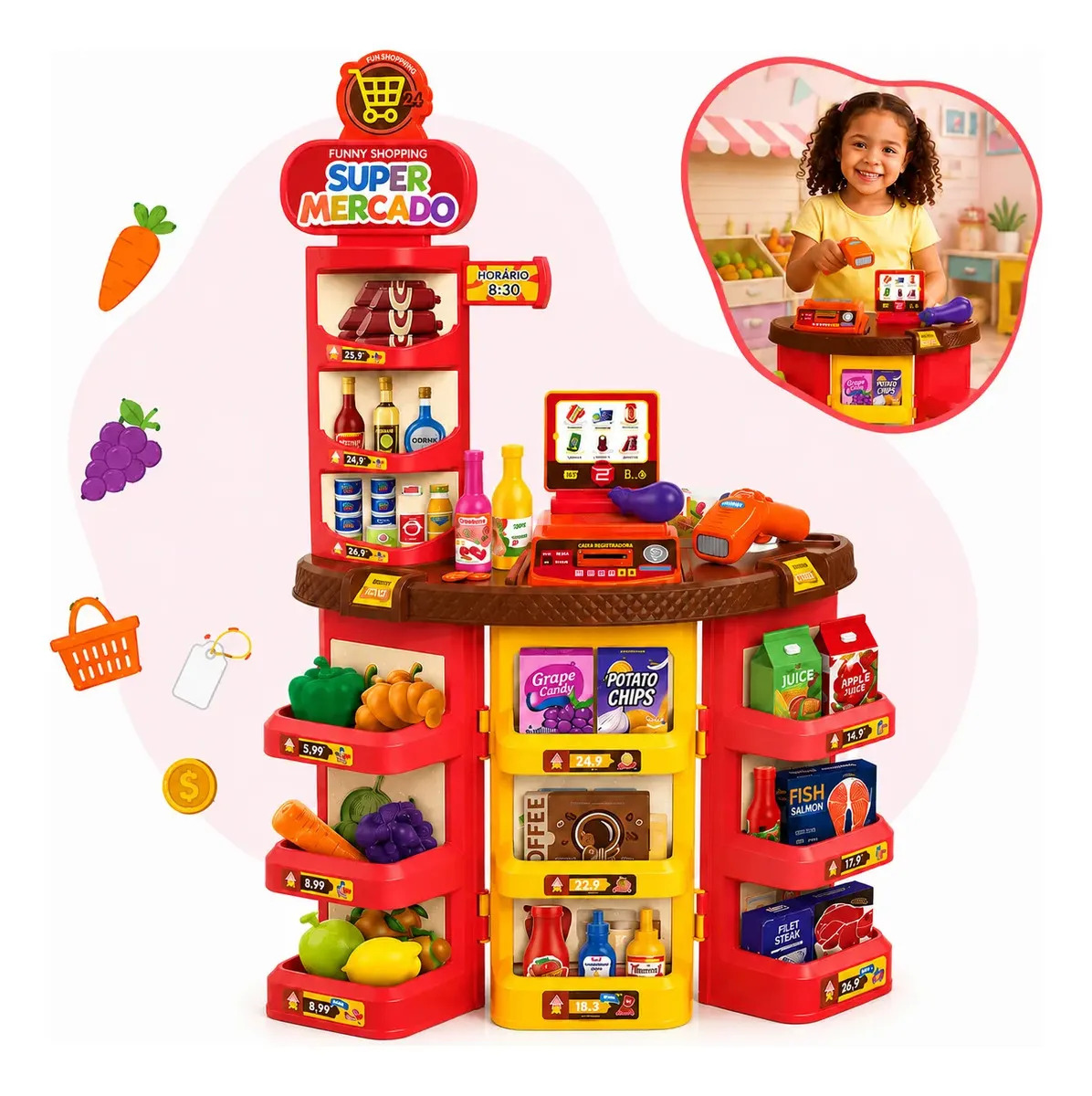 Mercadinho Infantil Faz de Conta 62 Peças Com Mesinha Doces Frutas Verduras Miniatura Brinquedo Educativo Imaginação Criança Menina Kizumba
