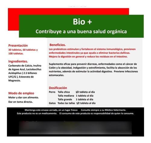 Suplemento Bio + 60 Tabs Probíoticos Lactobacilos Perro Gato