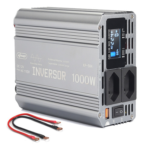 Kit Inversor 12v Para 110v 1000w Onda Senoidal Pura Pico 2000w Painel Led Com Indicador Botão Liga/desliga Tripla Proteção Tomada Universal Acompanha Garra De Jacare 100a Brinde