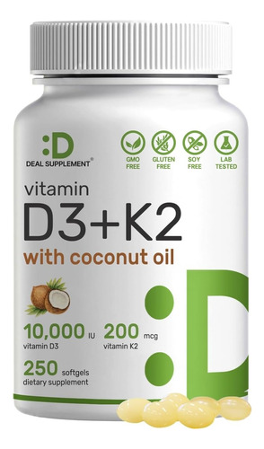 Vitamina D3 10000 Iu K2 200 Mcg C/ Coco Oil, 250 Caps Deal