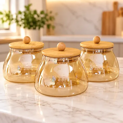Kit De 3 Porta Mantimentos  Potes Herméticos P Tampa De Bambu Bolinha Âmbar P