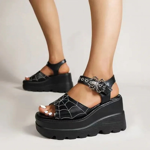 Sandalias Con Cuña Gothic Punk Spider Web Para Mujer