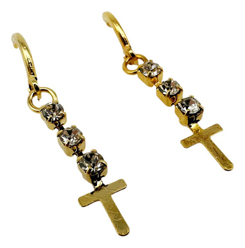 Par De Aretes Baño De Oro 14k Colgantes Cruz Con Cristal 