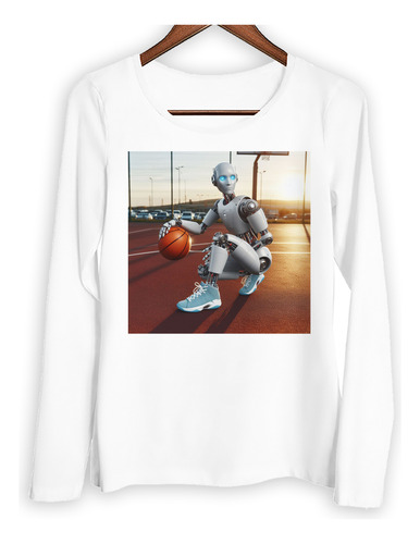 Remera Mujer Ml Robot Sentado En Pelota De Basquet Sport