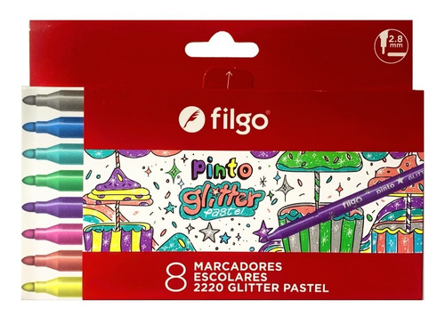 Marcador Marcadores Escolares Filgo Glitter Pastel Caja X8