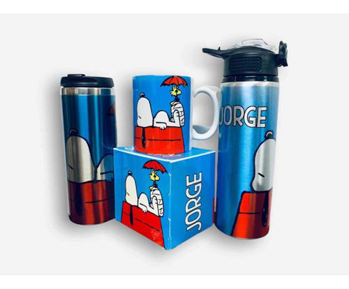 Termo+cilindro+taza Snoopy Azul Personalizado