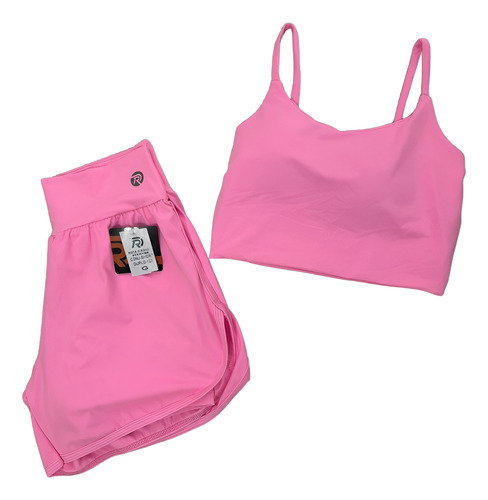 Conjunto Short Duplo Academia Feminino Rota D'água Poliamida Rosa Lisa G