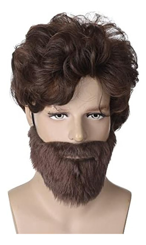 Peluca Halloween Con Barba Para Hombre Marron Rizado Peludo