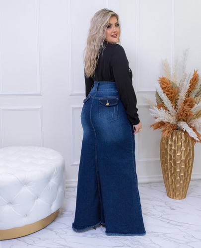 Imagem 3 de 4 de Saia Jeans Destroyed Longa Justa Moda Evangélica Feminina