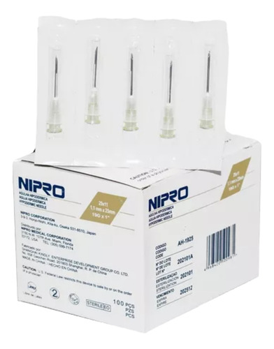 Aguja Hipodermica 19 G X 1 Nipro Caja X 100 Unidades