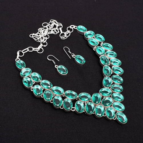 Collar Pechera Y Aritos Artesanales Plata Indu 925 Apatita Verde Petroleo 1.168 M