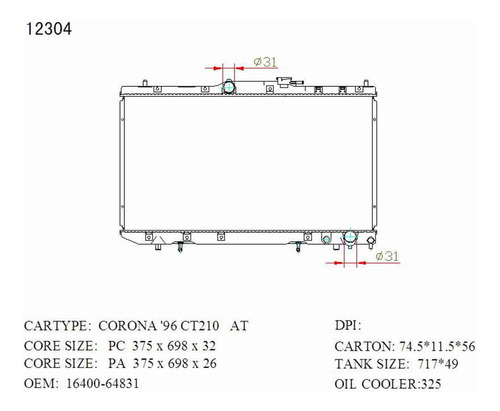 Radiador Toyota: Caldina 1998, Corona (a/t) (375 X 698 X 26)