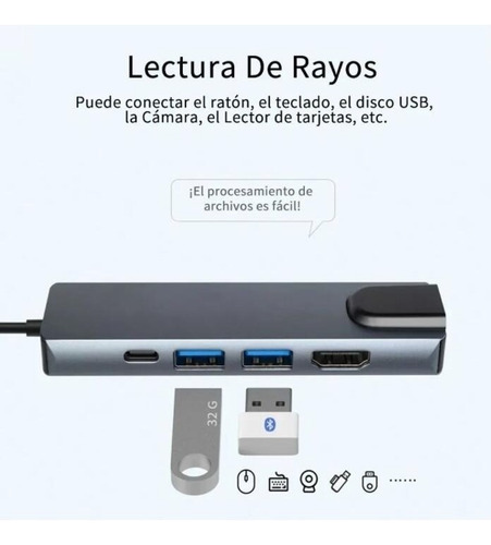 Adaptador Hub Usb-c De 5 Entradas 1 (hdmi, 2xusb, Usb-c, Lan