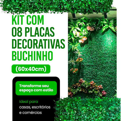Kit 08 Placas De Parede Verde Folhagem Sintético Artificial Para Jardim Vertical Muro De Plantas Buchinhos Painel Cheios Inglês 40x60cm Grama Decoração Casa Comércio Área Interna e externa floresta ur