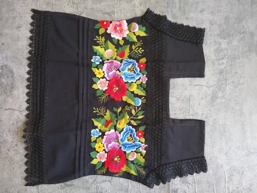 Blusa T pica Yucateca Bordada Encaje Lino Color Negra Mod 3