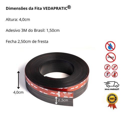 Veda Portas, Portões E Janelas 4,0 Cm Altura, Evita Entrada De Insetos, Animais Peçonhentos, Agua Da Chuva, Poeira, Proteção Acústica, Borracha Preta E Adesivo 3m Do Brasil Vedapratic 3 Metros
