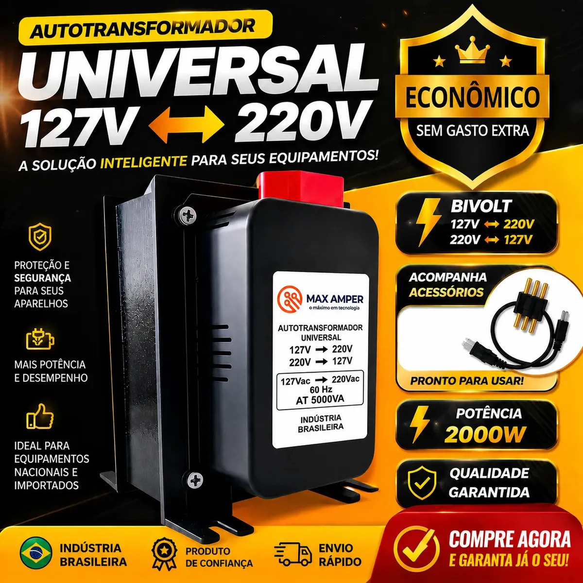 Transformador 5000VA Bivolt 2000W Para Eletrodomésticos e ar condicionado até 12000 btus Geladeira - Max Amper