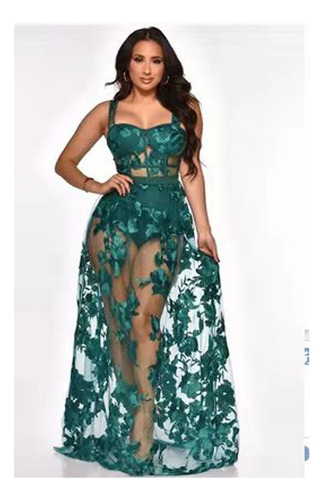 Vestido Lencero No Elástico Ajustado Transparente Bordado