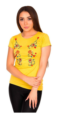 Camiseta Moda Bordado Flores Asiáticas Mujer V821