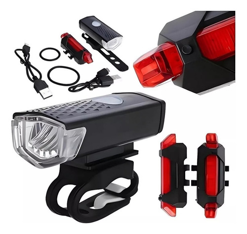 Kit Lanterna E Farol Bike Luz Ultra Led Prova D'agua Recarre Cor Preto