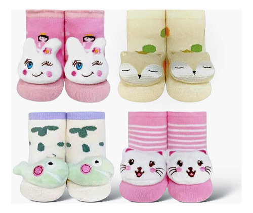 Meia Para Bebe Pantufa Pantufinha Com Chacalho Kit 4 Variado