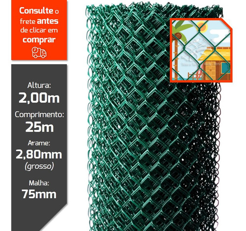 Cerca Tela Arame Plastificada Fio 14 Malha 75mm 25 X 2,00m