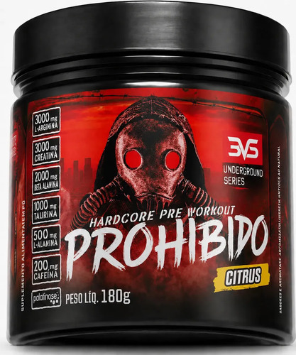PRÉ TREINO PROHIBIDO 180g Sabor Citrus - Fórmula Avançada contendo Creatina, Beta Alanina, Taurina, L-tirosina, L-alanina, Cafeína, Arginina e Palatinose - Extra Forte