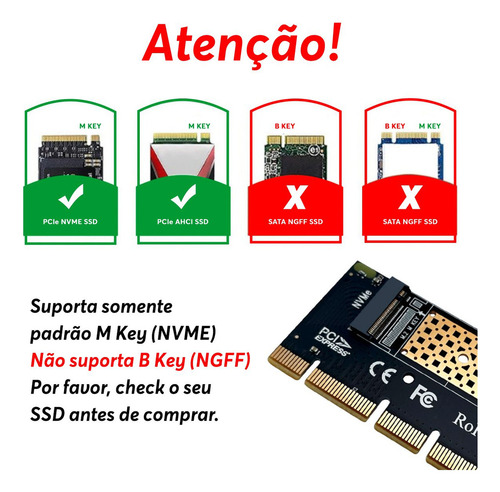 Adaptador Placa PCI-E 4.0 x4 para SSD M.2 NVMe M-Key - Conversor Alta Velocidade 64Gbps Compatível com PCI Express 4.0/3.0, Desktop, Leitura Gráfica, Upgrade de Armazenamento