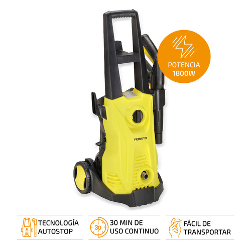 Imagen 2 de 9 de Hidrolavadora Eléctrica Femmto Alta Presion 1800w + Cepillo Color Amarillo y Negro Frecuencia 50 Hz