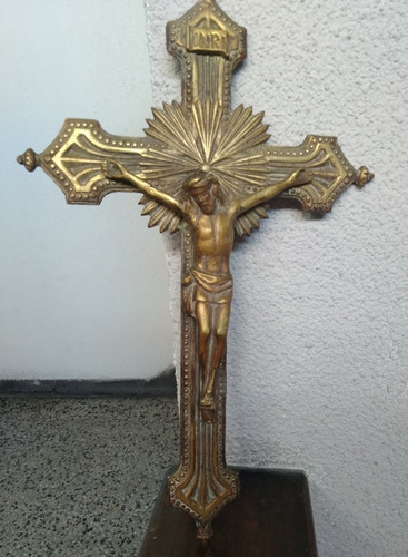 Antiguo Crucifijo Bronce Macizo Pared Mesa 35x21 Cruz Jesus