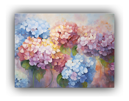 90x60cm Cuadro Abstracto De Hortensias En Tonos Cálidos