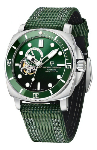 Reloj pulsera Pagani Design PD-1736 de cuerpo color plateado, analógico, para hombre, fondo verde, con correa de nailon color verde, agujas color plateado y blanco, dial blanco y plateado, subesferas color verde, minutero/segundero blanco, bisel color verde, luz verde y hebilla simple