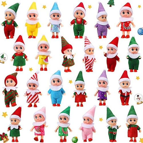 24 Pcs Elfos De Navidad Tiny Baby Elf Doll Green Red Bib Pa