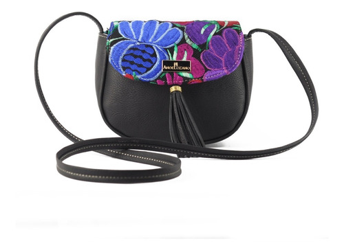 Bolsa Mariconera En Sintético Con Telar Artesanal Bolso Dama Color Negro/Flores Diseño de la tela Angy Telar