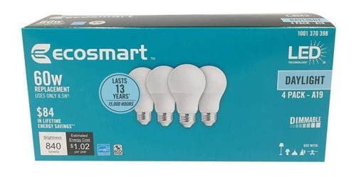 Luz Led Equivalente 60w A19 Daylight Dimmable 4 Focos Ant