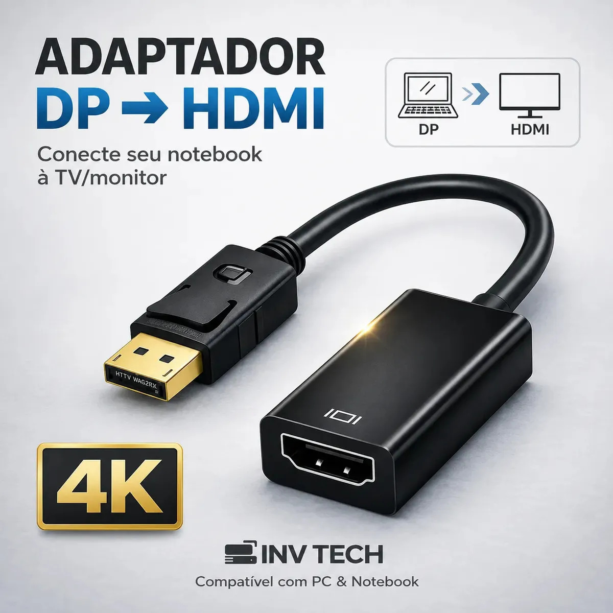 Adaptador DisplayPort Para HDMI Fêmea Cabo Displayport Hdmi 4K 60Hz Conectar Notebook PC Para TV Monitor Projetor Com Nf - Inv Tech
