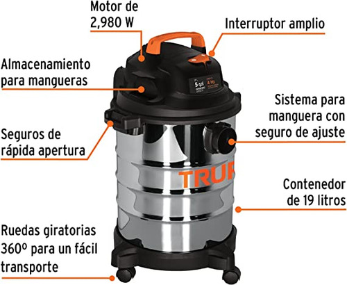 Aspiradora industrial Truper ASP-5X 5 galones (19L) acero inoxidable y negra 127V 60Hz