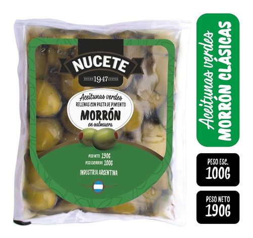 Aceitunas Verdes Rellenas Con Morron Nucete Sachet 190 Gr