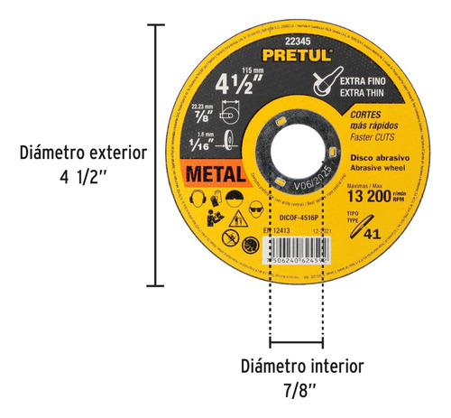 Disco Tipo 41 Para Corte Fino De Metal 4-1/2 , 1.6 Mm 22345