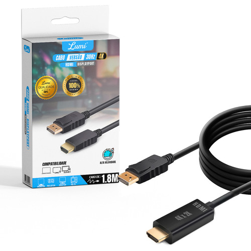 Cabo Adaptador Displayport Macho Para Hdmi Hdtv 1,8 Metros 30hz Blindado Altissima Qualidade Lumi