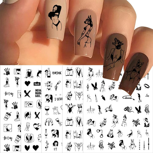 Bad Girl Nail Art Stickers, Silpecwee Black Nail Stickers Pa